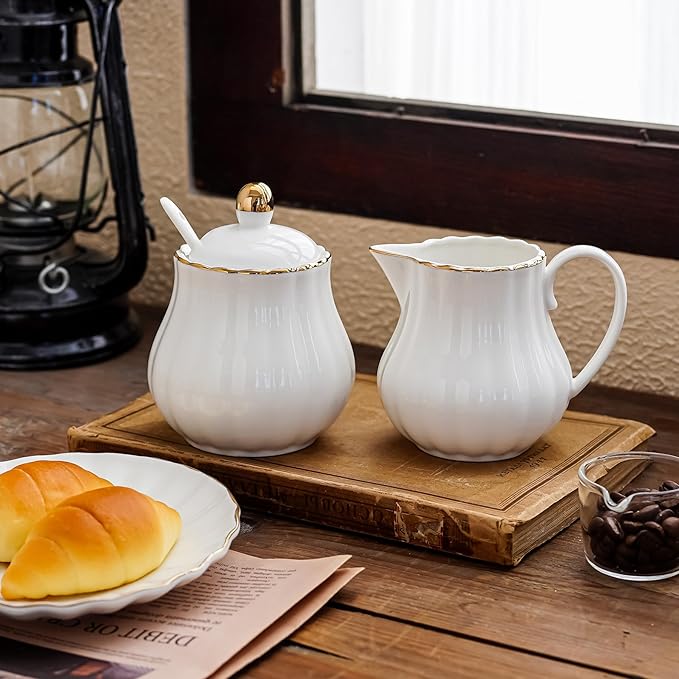 Ceramic Sugar and Creamer Set, 3 Piece with Cream Pitcher, Sugar Bowl with Lid and Spoon,Coffee and Tea Serving Set (White with gold line)