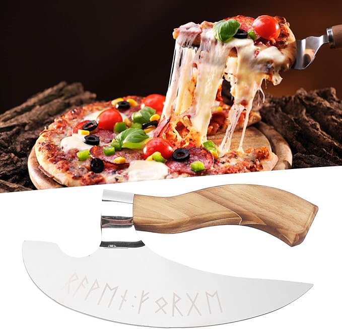 Handmade Viking Steel Pizza Axe, Camping Knives Tools Pizza Cutter with Pine Wood Handle, Handmade Stainless Steel Authentic Medieval Pizza Cutter for Home Restaurant Bar
