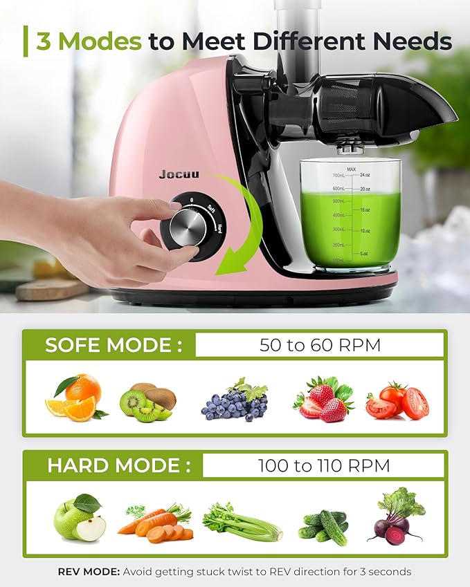 Jocuu Slow Masticating Juicer with 2-Speed Modes - Cold Press Juicer Machine - Quiet Motor & Reverse Function - Easy to Clean Juicer Extractor - Juice Recipes for Fruits & Vegetables (Light Pink)