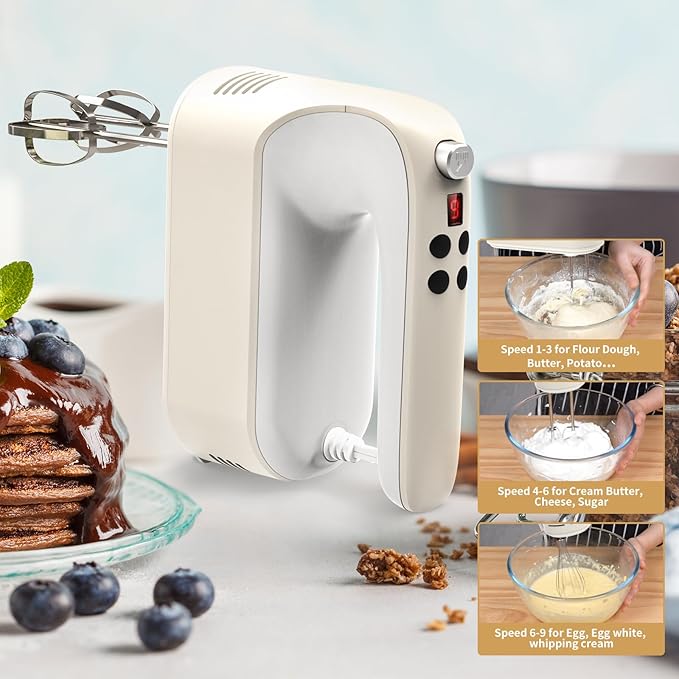 9-Speed Digital Hand Mixer Electric, 400W Powerful DC Motor, Baking Mixer Handheld with Snap-On Storage Case, 5 Stainless Steel Accessories, Flat Beaters, Dough Hooks, Whisk (Cream White)