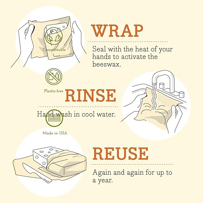 Bee's Wrap Vegan Beeswax Wraps for Food - Assorted 7 Pack (2S, 2M, 2L, & 1 Bread) Made in USA Reusable & Organic Food Wraps & Bowl Covers - Eco-Friendly Alternative to Aluminum Foil & Plastic Wrap