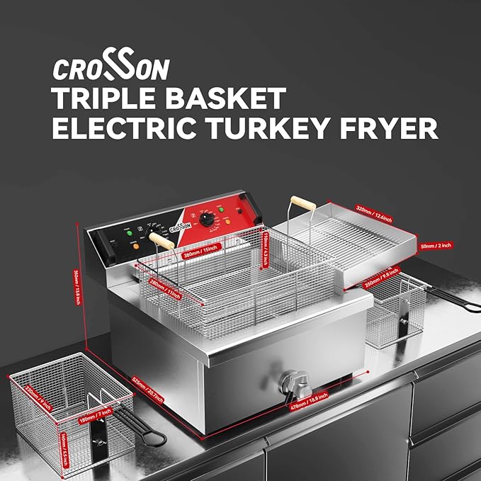 CROSSON 24Lbs Electirc Triple Basket Turkey Fryer With Oil Drain Spout,Oil Drain Rack,Commercial Countertop Donut Deep Fryer To Fry a Whole Fish or Turkey