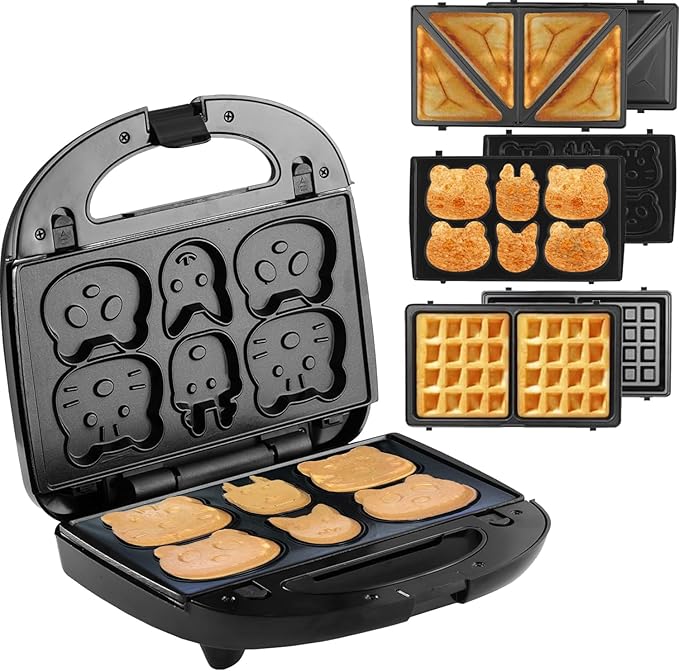 3-in-1 Sandwich,Waffle & Cute Animal Pancake Maker,Multifunctional Breakfast Machine Set with Removable Panel Non-Stick Plates for Grilled Cheese,Tuna Melts,Burgers,Steaks and Snacks,Home,Commercial