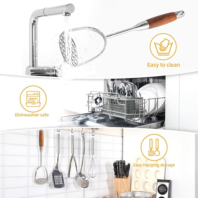 Mashed Potatoe Masher Stainless Steel - Heavy Duty Potato Masher, Professional Integrated Masher for Avocado, Potatoes, Beans, Meat, Vegetables