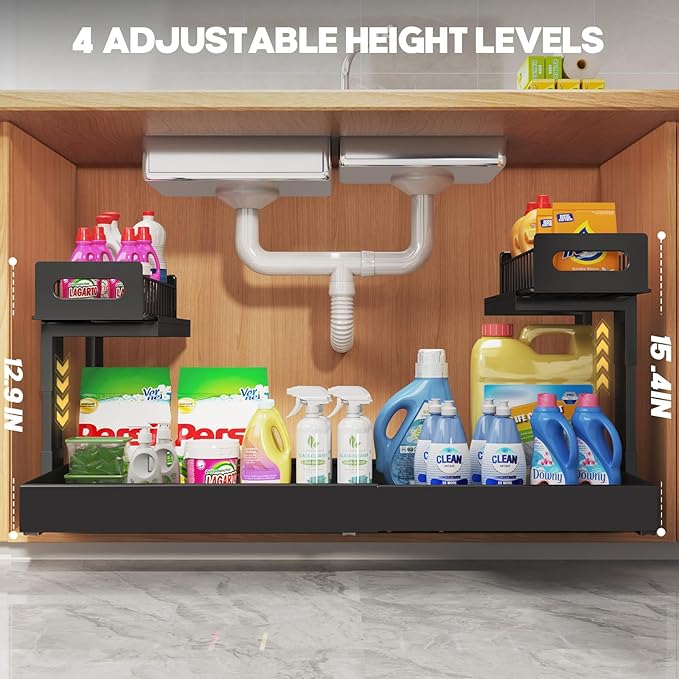 1 Pack-19"-32"W Expandable Under Sink Organizer With Upgrade Ball-Bearing Slide,2-Tier Pull Out Under Cabinet Organizer Height Adjustable,Not Suitable For Cabinets With Partitions In The Middle