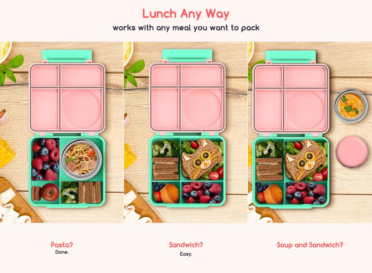 Bento Box for Kids - Leak-Proof Lunch Box with Insulated Thermos Food Jar - 4 Compartments, 1 Removable Divider, 1Spoon, 1 Fork - Dishwasher Safe, BPA-Free (Light pink)