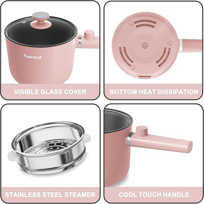 Topwit Hot Pot Electric with Steamer, 1.5L Ramen Cooker, Non-Stick Frying Pan, Electric Pot for Pasta, BPA Free, Electric Cooker with Dual Power Control, Over-Heating & Boil Dry Protection, Pink