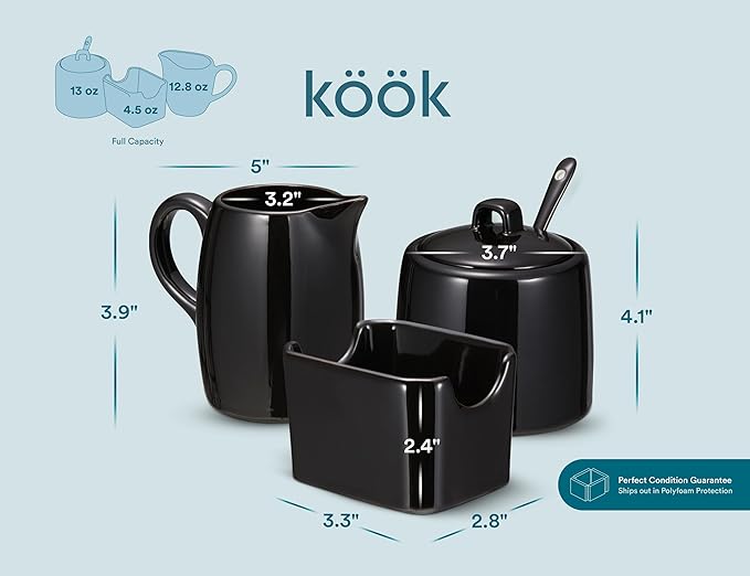 Kook Sugar and Creamer Set, 3 Piece, Pitcher, Sugar Bowl with Lid and Spoon, Sweetener Holder (Black)