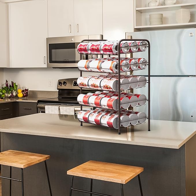 Vrisa Can Rack Organizer 5 Tier Cans Storage Organizer for Pantry Metal Can Food Holders Stacking Canned Goods Dispenser Rack Soda 60 Cans Organizers for Kitchen Pantry Cabinet, Rustic Brown