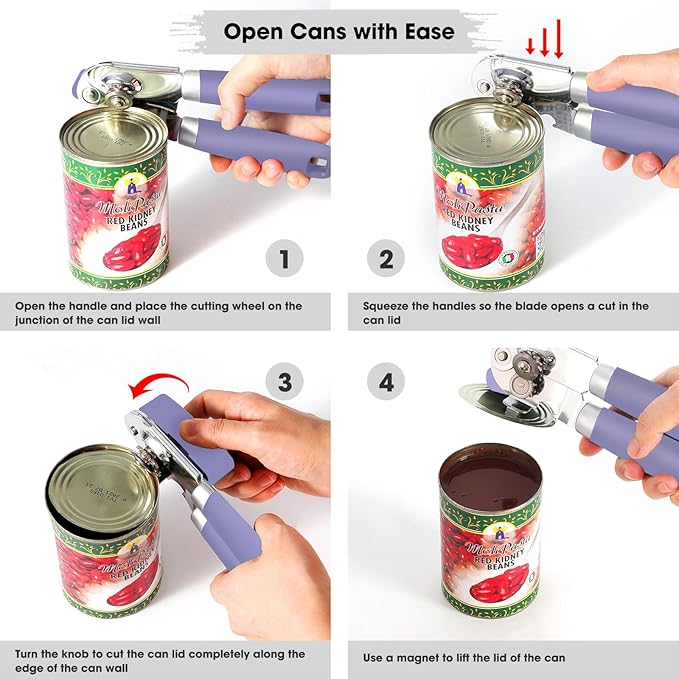 Beneno Can Opener Manual with Magnet, Hand Held Heavy Duty Can Opener with Durable Sharp Blade Smooth Edge, Big Effort-Saving Knob, Soft Grip Rubber Handle, Multifunctional Bottle Opener, Purple