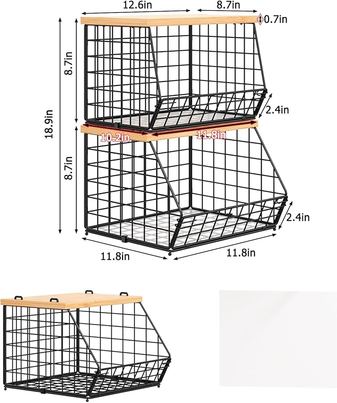 2 Set Stackable Wire Basket with Wooden Tops & Pad for kitchen organizers and storage, XXL Kitchen Counter Organizer for Fruit, Vegetable, Bread, Potato and Onion Storage Bin