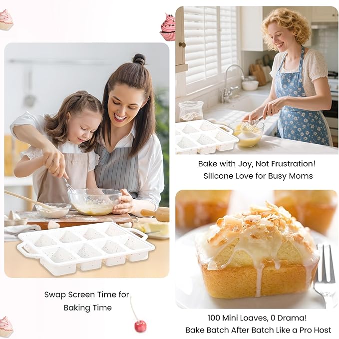 SJ Silicone Mini Loaf Pans with Metal Reinforced Frame-2 Pack, Non-stick Silicone Mini Bread Loaf Pans for Baking 8-Cavity, Tiny Banana Bread Set, Dishwasher Safe Brownie Pan-Cream