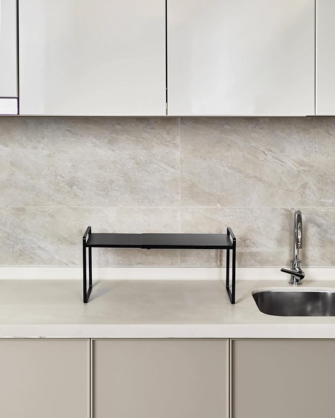 Nxconsu Cabinet Shelf Expandable Height Adjustable Organizer Riser for Kitchen Cabinet Pantry Cupboard Under Sink Countertop Organization Storage Space Saver Stackable Heavy Duty Metal Black XL