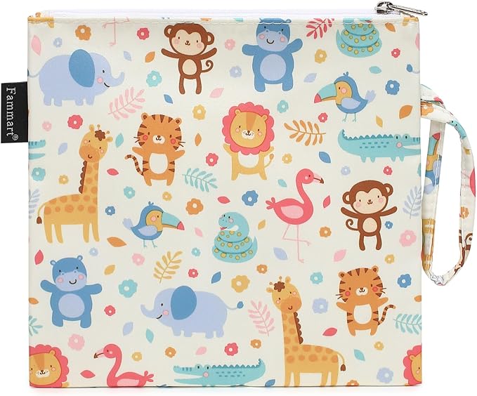 Reusable Sandwich Bag/Snack Bag for Kids & Adults, Dual Layer Lunch Bag with Handle, Washable, Food Safe, BPA Free (1-Pack, Zoo)