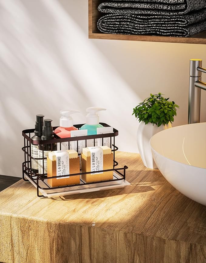 HapiRm Multifunctional Kitchen Sink Caddy with Removable Drain Tray, Quick Draining Rustproof Sink Organizer, Stainless Steel Kitchen Sponge Holder for Sponge, Cleaning Towel and Scrubber-Bronze