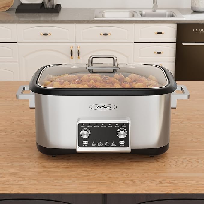 Sunvivi 8 Quart Slow Cooker Roaster Oven, 12 in 1 programmable Multi-Cooker Food Warmer with Digital Timer, Temp Control, Removable Cast Aluminum Pot & Dishwasher-Safe Tempered Glass Lid, Stainless