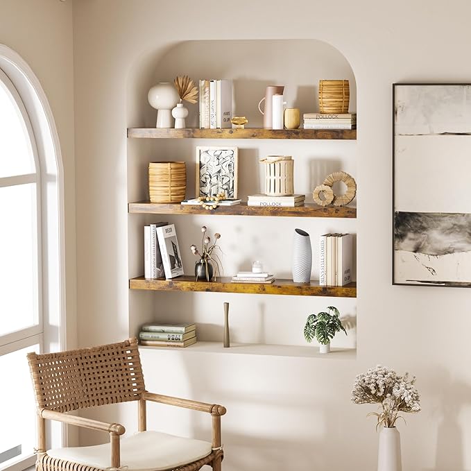 Colima Floating Shelves for Wall Brown Wood Shelf for Bedroom, 36 Inch Wall Mounted Floating Shelves for Bathroom Living Room Kitchen Office, 1.3" Thick Floating Book Shelves Set of 3