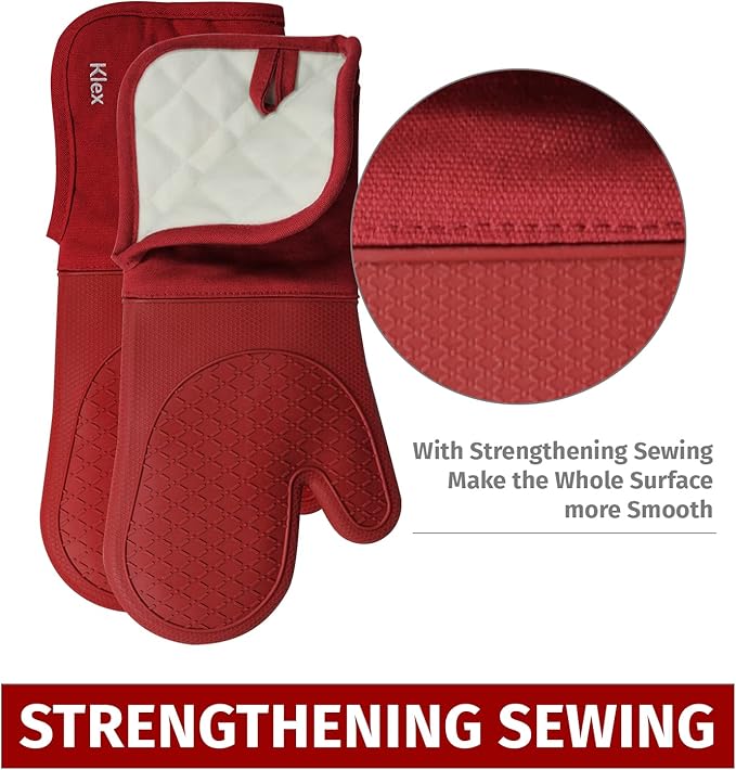 Klex Extra Long Silicone Oven Mitts, 932°F Degrees Heat Resistance with Quilted Cotton Liner Oven Gloves, 2 Piece Set, 15 inch, Red