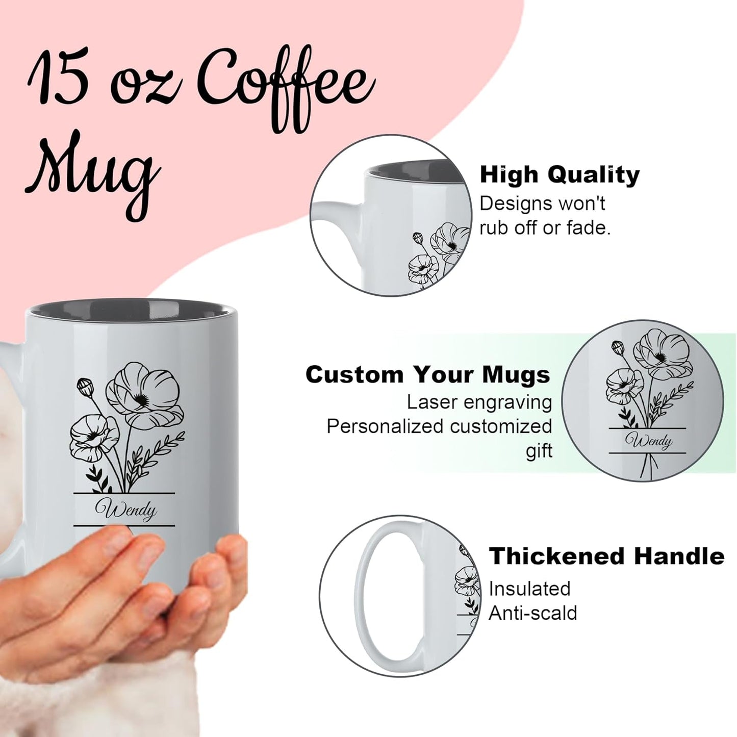 Personalized Coffee Mug, Engraved Ceramic Birth Flower Mug for Women With Custom Name, Personalized Gifts for Mothers Day, Birthday, Christmas, Grandma, Mom, Wife