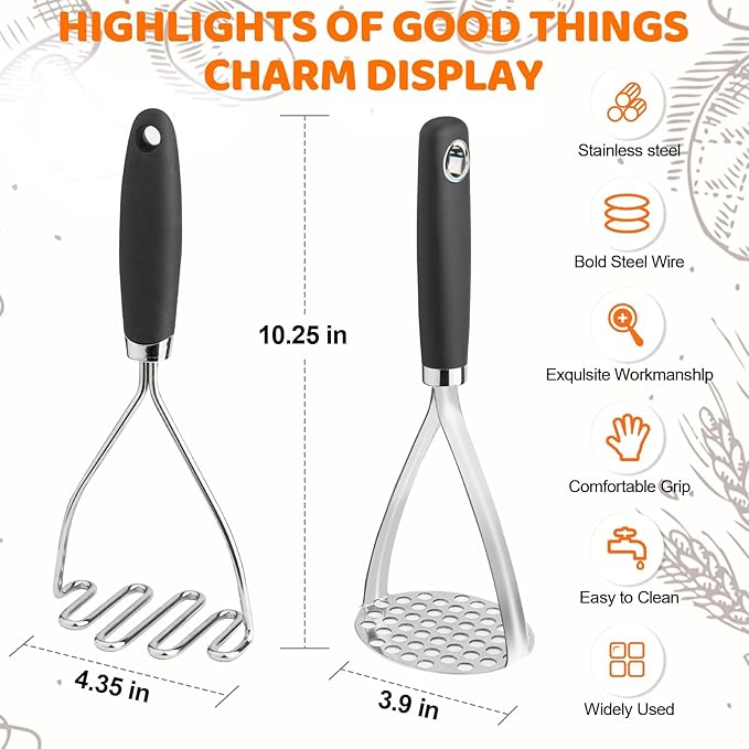 Potato Masher Set of 2 Pieces, 10.25-Inch Stainless Steel Wire Mashed Potato Masher, Kitchen Gourmet Making Tools Professional Integrated Honeycomb, For Vegetable, Fruit, Melon, Potato Etc, Black