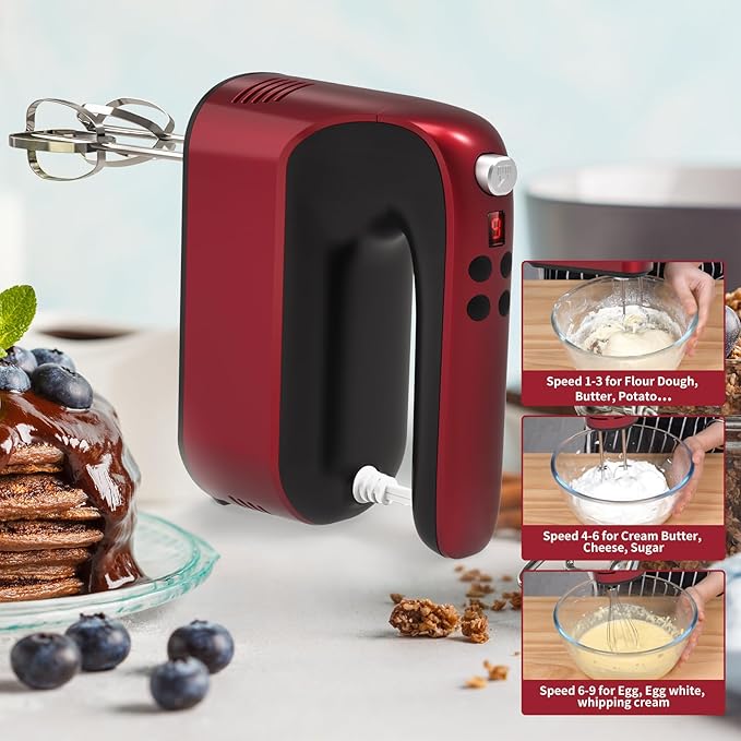 9-Speed Digital Hand Mixer Electric, 400W DC Motor, Hand Mixer electric Handheld with Snap-On Storage Case, Touch Button, Turbo Boost, 5x Stainless Steel Accessories (Red)