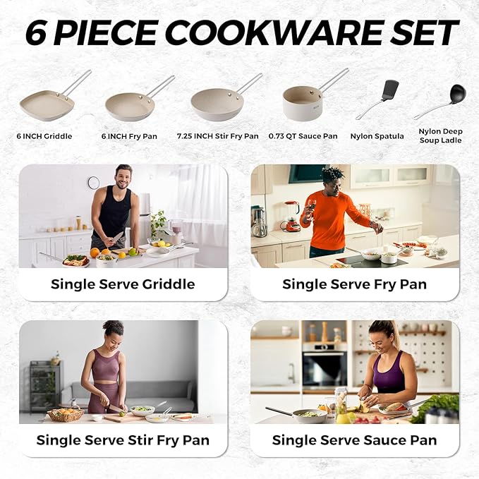 THE ROCK Single Serve Nonstick Pots and Pans Set, 6pc Portion Control Cookware Set with Rock.Tec, Scratch/Stain/Crack Proof, Oven & Dishwasher Safe, Perfect for Dorm, Camping & Small Kitchens, White