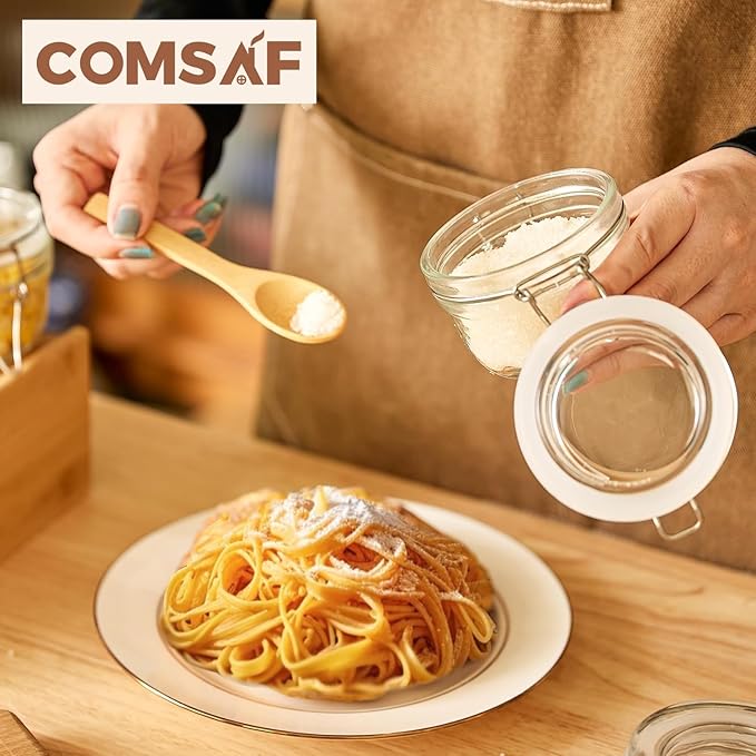 ComSaf 4oz Small Airtight Glass Jars Set of 6 with Lids Food Storage Jar Round, Mason Jar, Mini Storage Container with Clear Preserving Seal Wire Clip Fastening for Kitchen Canning, Jam, Spice, Honey