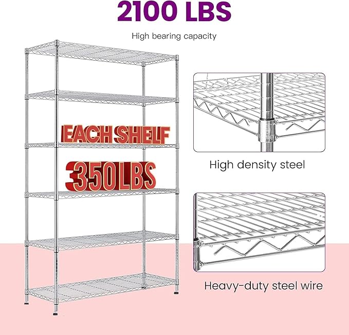 FDW 48"L×18"W×82"H Wire Shelving Unit Storage Cart Metal Shelf Rolling Utility Cart 2100Lbs Capacity with 6 Tier Casters Adjustable Layer Rack Strong Steel for Restaurant Garage Pantry Kitchen,Chrome