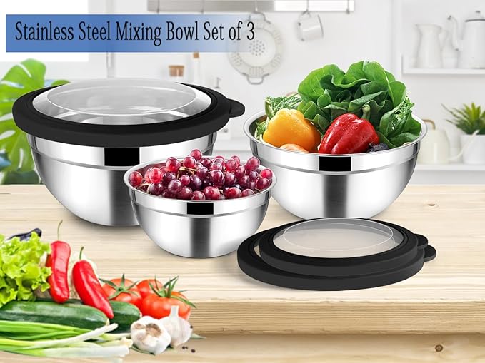 TeamFar Mixing Bowls, 4.5/3/1.5 QT Stainless Steel Nesting Salad Bowls with Airtight Lids, For Serving/Mixing/Storing/Prepping, Non-Toxic & Sturdy, Visible & Easy Clean, Black, Set of 3