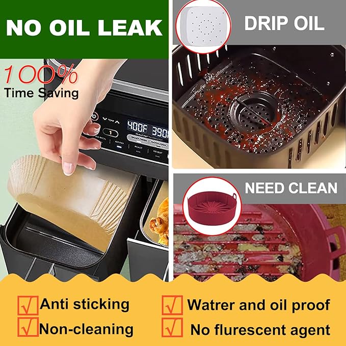 Rectangle Air Fryer Liners for Chefman double air fryer, Chefman Dual Liners Disposable, 200Pcs Heavy-duty Rectangular Parchment Paper Liner for COSORI 9Qt Double Air Fryer with 2 Baskets