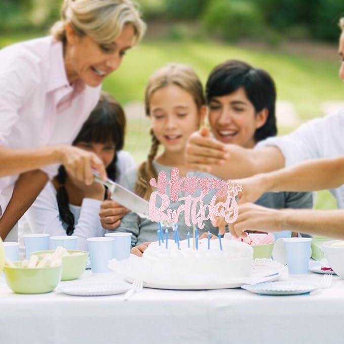 Ephlyn 1Pcs Happy Birthday Cake Topper Glitter Happy Birthday Cake Pick Decorations for Celebrating Happy Birthday Anniversary Theme Party Cake Decorations Supplies Pink Light Pink