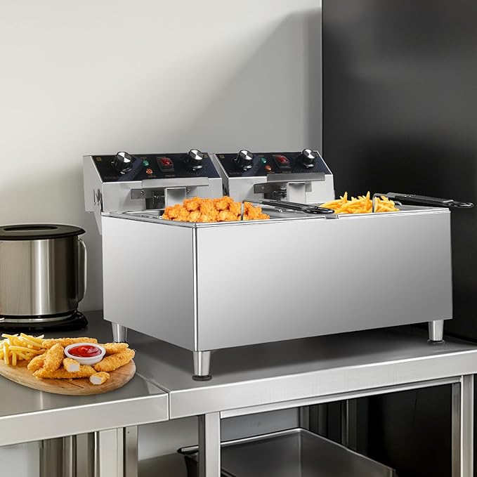 ROVSUN 36QT Electric Deep Fryer 240V, 6600W Dual Tank Commercial Deep Fryer w/ 60-Min Timer Overheat Protection Adjustable Feet, Temp Control & Baskets, Stainless Steel Countertop Fryer for Restaurant