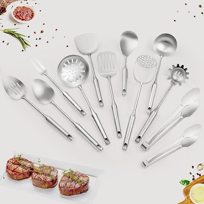 304 Stainlss Steel Kitchen Utensils Set, 12 Pcs Long Metal Utensils Set with Potato Masher, Spoon, Ladle, Skimmer, Turner, Pasta Server, Tongs etc(Dishwasher Safe)