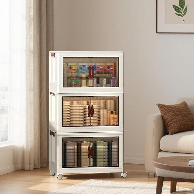 YUFER 3 Tier Box Plastic Stackable Folding Storage Bins with Lids and Doors,360/480 QT Open Front Storage Bins Organizers for Bedroom Clothes - 1 Box 120 QT White