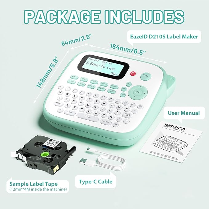 D210S Kids Label Maker, Label Maker Machine with Waterproof-Labels, Portable Keyboard Labeler Machine with-Tape 12mm 0.47 Laminated White, Multiple Symbols for Home Garden Office School Kids Use