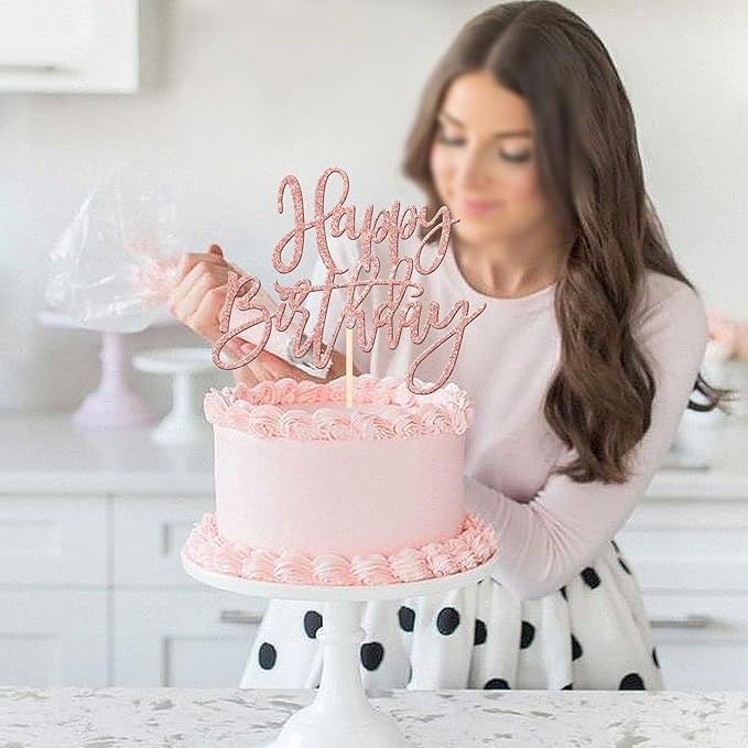 ZHUOWEISM 1 PCS Happy Birthday Cake Topper Glitter Happy Birthday Cake Pick for Celebrating Happy Birthday Anniversary Theme Party Cake Decorations Supplies Rose Gold