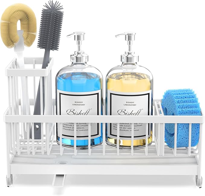 Moforoco Extra Large Kitchen Sink Caddy, Rustproof Sponge Holder for Kitchen Sink with High Brush Holder, Stainless Steel White Kitchen Caddy Sink Countertop Organizer, Sponge Caddy for Kitchen Sink