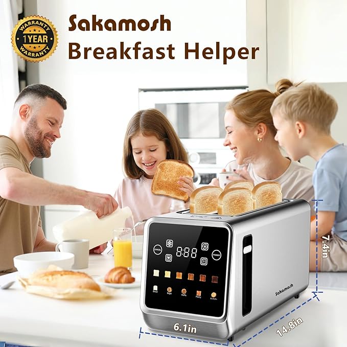 Smart Toaster 4 Slice, Touch Screen, Digital Toasters with 6 Browning Levels & 5 Bread Types, Bagel, Extra Long Wide Slots, Memory Function, Timer, 1400W, Stainless Steel