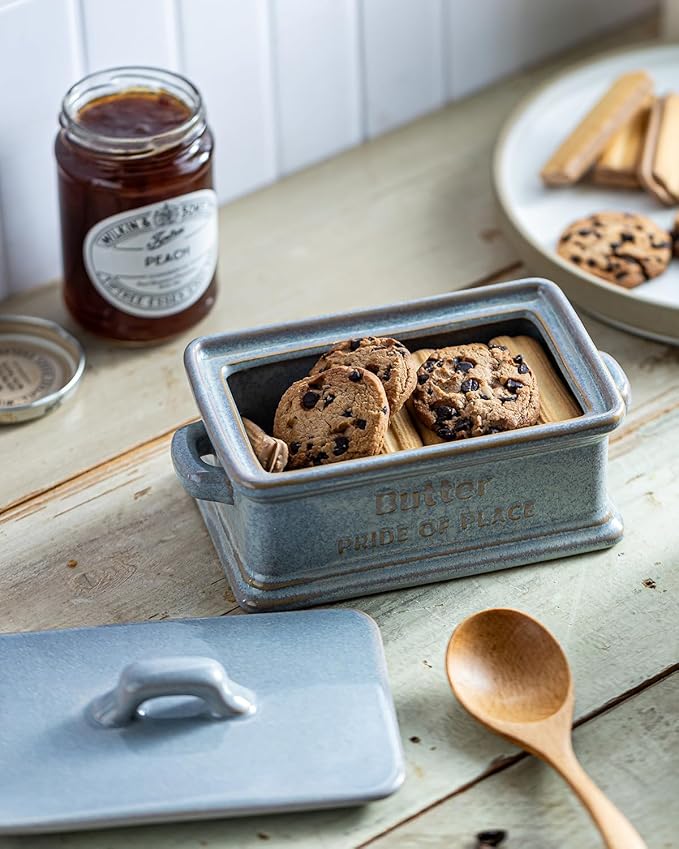 Butter Dish with Lid, Ceramic Butter Holder Container Large Butter Dish for Countertop Farmhouse Decor Butter Keeper for East West Coast Butter, Gray