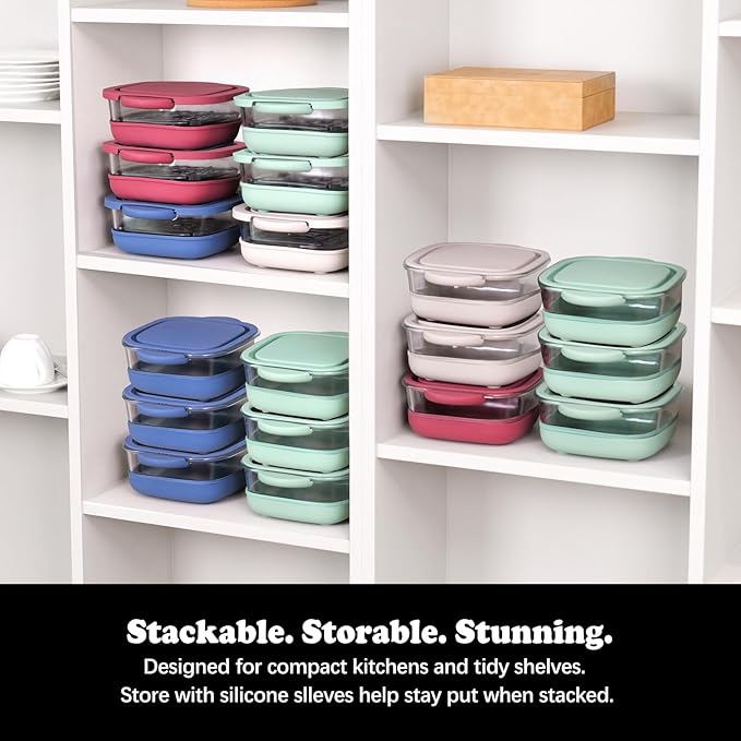 6 Cup Baking Dish Set - 2 Pack, 7 Inch Square Tempered Glass Food Storage Containers with Crispy Tray Compatible with Ninja Crispi Air Fryer - Oven, Microwave, Freezer and Dishwasher Safe