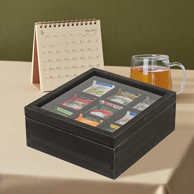 Black Wood Tea Bag Organizer, 9 Compartment Multi-Functional Tea Box and Storage Organizer,Tea Storage Chest with Acrylic Lid