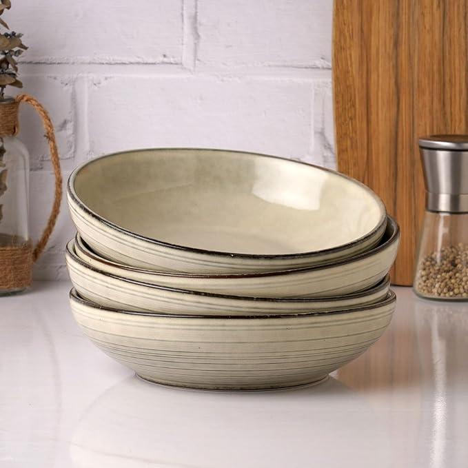 famiware Tempus Pasta Bowls Set of 4, 40 oz Bowls for Kitchen, Stoneware Deep Serving Bowls, Dishwasher & Microwave Safe Bowls for Cereal, Salad, Soup, Dessert etc - Castle Wall