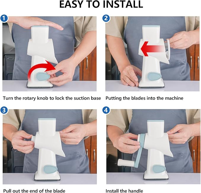 Cheese Grater Hand Crank Rotary Vegetables Shredder with Handle, 3-in-1 Graters with Interchangeable Blades and Strong Suction Base Multifunctional Slicer for Kitchen,white