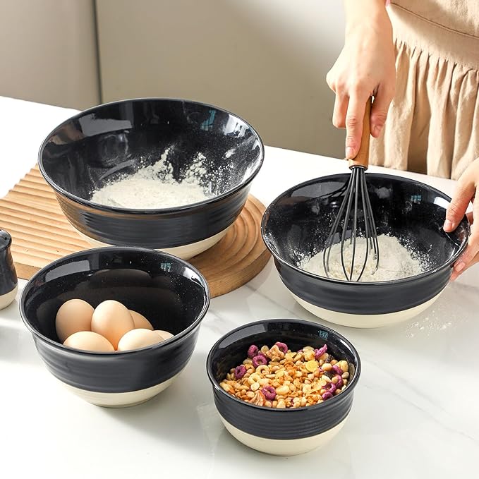 Hasense Large Ceramic Mixing Bowls, 2.1/1.5/1.0/0.5 Qt Serving Bowls for Kitchen, Nesting Salad Bowls Set for Mixing, Cooking, Baking, Fruit, Side Dishes, Holiday Serving Dishes, Set of 4, Black
