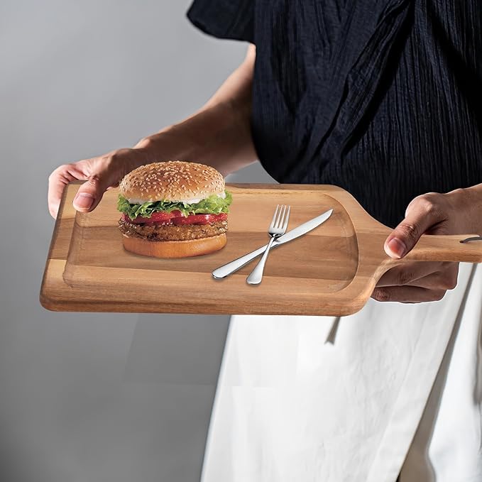 Acacia Wood Cutting Board with Handle, Wooden Chopping Board for Pizza Bread Cheese, Charcuterie Boards, Large Cutting Boards for Kitchen Decor, 17.7" X 9.8"