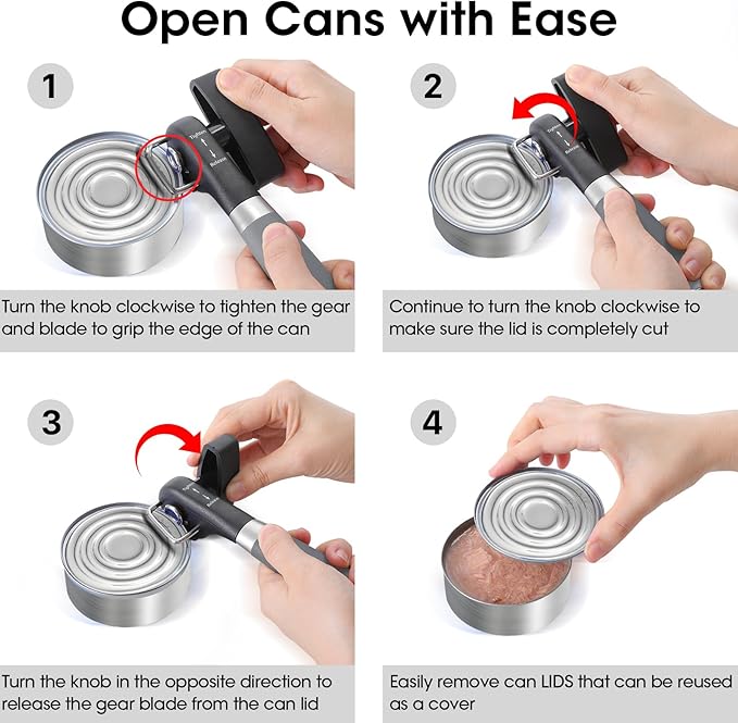 Beneno Can Opener, Manual Side Safe Cut Can Opener Smooth Edge with Durable Sharp Blade, Effort-Saving Knob & Comfortable Non-slip Handle, Gray