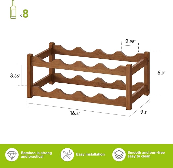 BMOSU Bamboo Wine Rack Wine Storage Cabinet Shelf 8 Bottle Wine Racks Countertop Sturdy for Kitchen Dining Room Pantry - 2 Tiers Wine Rack(Brown)