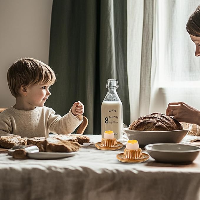 INGOFIN 2 Pcs Ceramic Egg Cups, Soft Boiled Egg Holders Set, Classic Porcelain Stackable, Easy to Clean Tray, Decorative Serving Dish for Breakfast, Easter or Kitchen, Brown