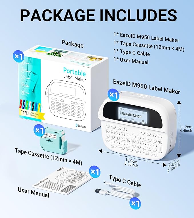 Label Maker Machine with-Tape Waterproof, Keyboard Label Maker Rechargeable, Bluetooth Labeler Portable with Backlit Screen for Home Office School Kids Use, M950