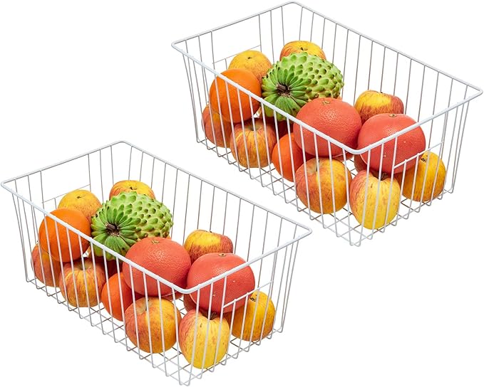 16Lx12Wx6H inch Wider Freezer Organizer Baskets Container, Refrigerator Metal Wire Storage Bins with Handles for Kitchen, Pantry, Cabinet, Closets - Pearl White(4 Packs